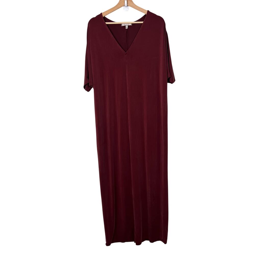 Anthropologie Eri + Ali Medium Burgundy Cupro V-Neck Maxi Short Sleeve‎ Dress